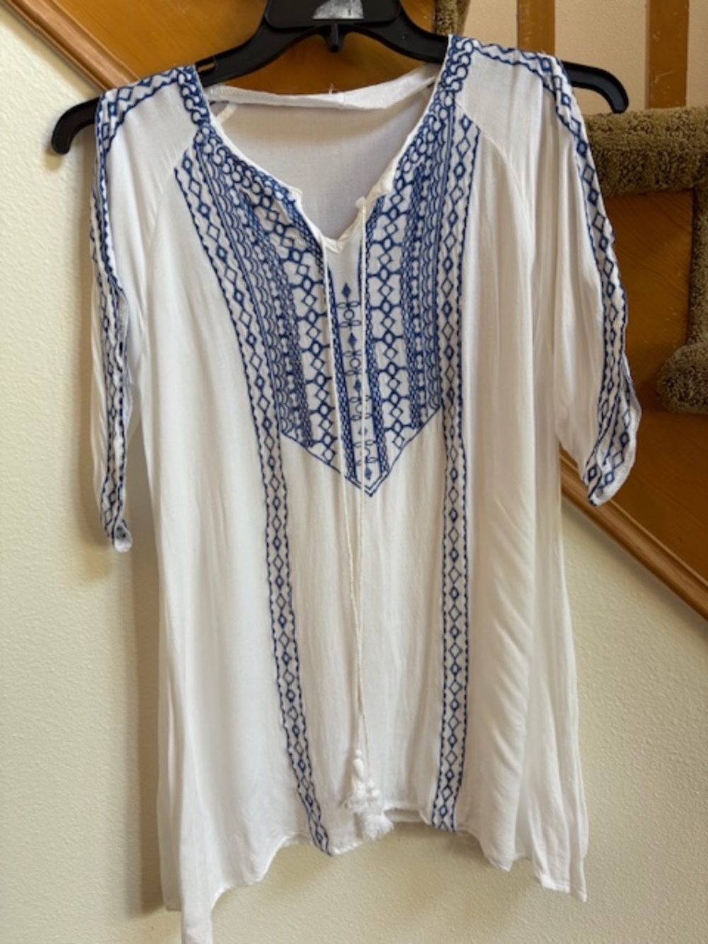 Semi-Sheer White/Blue Embroidered Tunic Open Sleeves+Tassels, size S/M boho folk